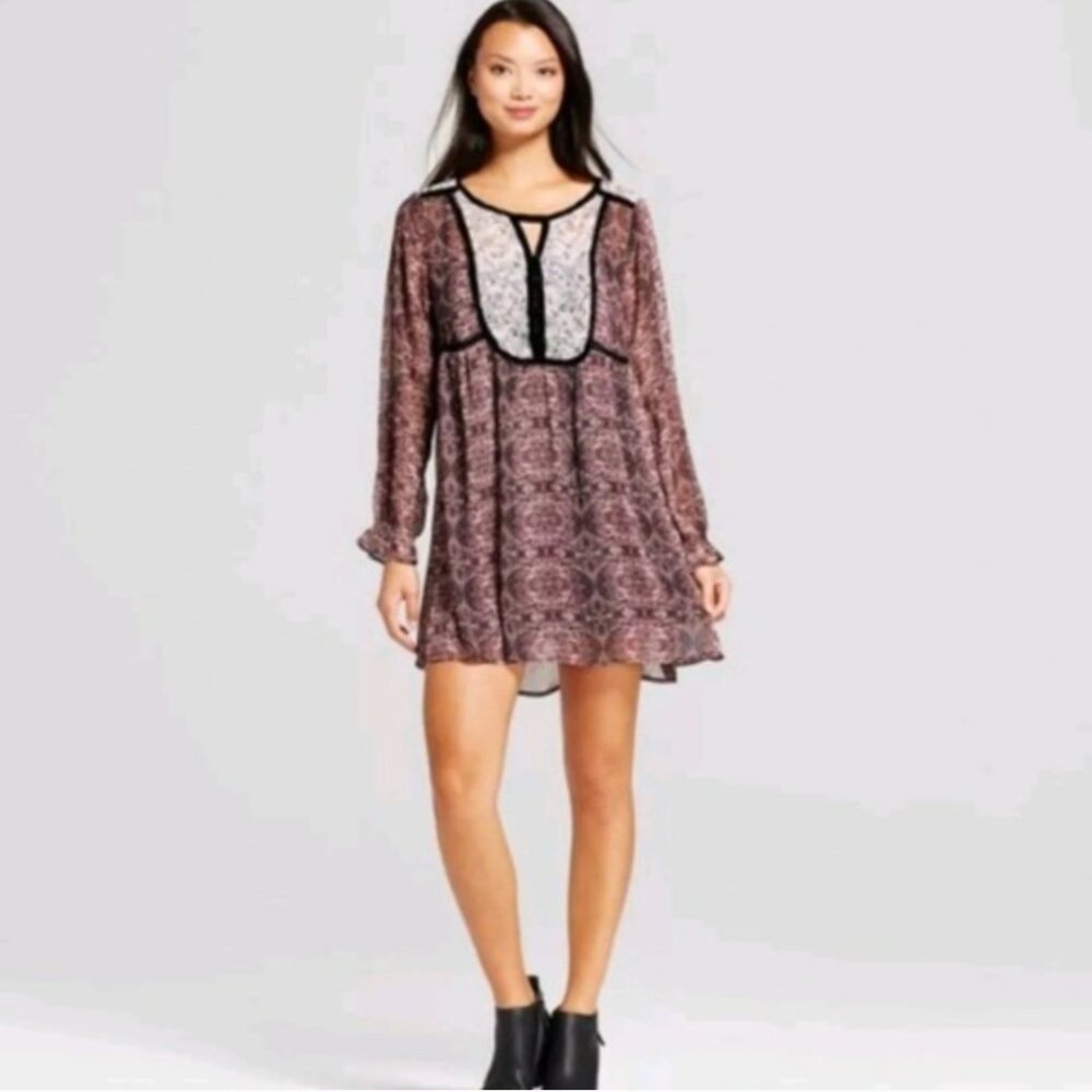 Knox Rose Dress Peasant Sheer Sleeve Mixed Print Velvet Trim size S